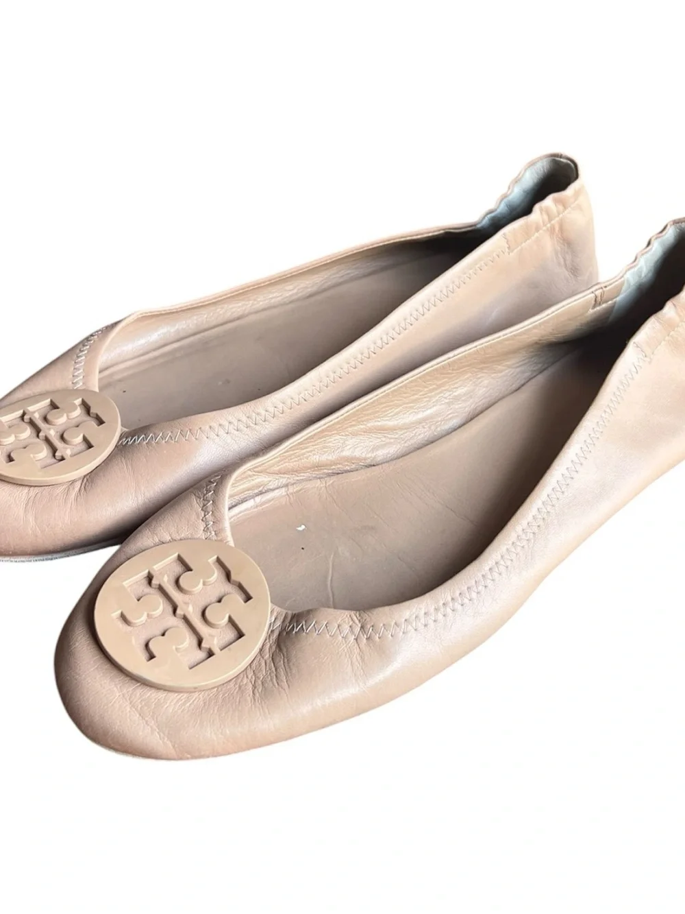 Tory Burch Blush Leather Logo Round-Toe Ballet Flats